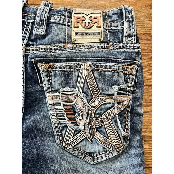 Rock Revival Jeans Men's 32x30 Selwyn Leather Insert Star Slim Taper Distressed - Picture 7 of 16